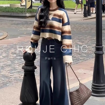 ROUJE CHIC法式复古撞色条纹针织衫女秋冬慵懒风短款宽松毛衣上衣