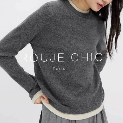 ROUJE CHIC法式撞色假两件圆领针织打底衫女秋冬慵懒灰色长袖内搭