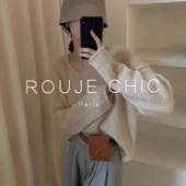 ROUJE CHIC法式 温柔慵懒风Ｖ领马海毛毛衣女秋冬软糯宽松针织上衣