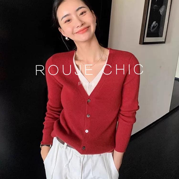 法国假两件红色v领针织开衫女春