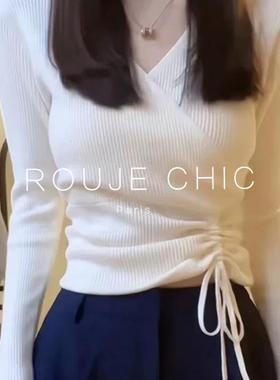 ROUJE CHIC法式白色抽绳v领短款针织衫女早春交叉别致内搭打底衫