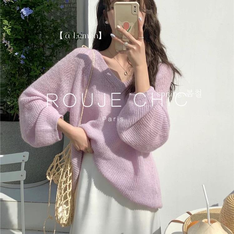 法国温柔紫色V领马海毛毛衣女春