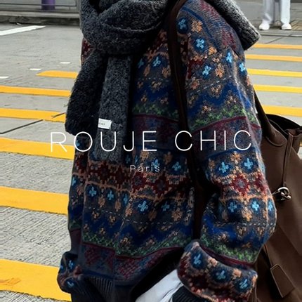 ROUJE CHIC法式高级感复古时髦费尔岛套头毛衣女秋冬季针织衫上衣
