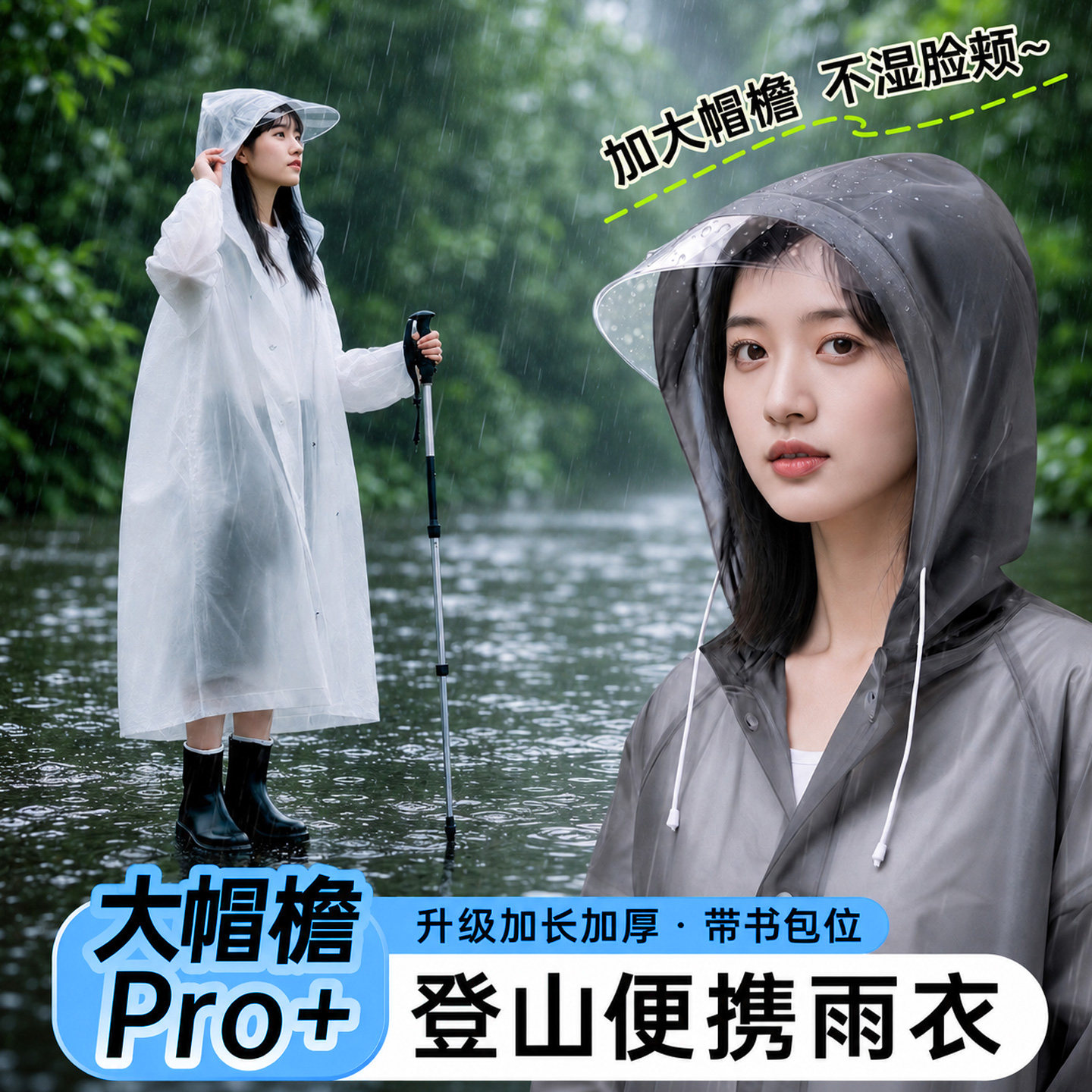 大帽檐雨衣一次性女长款全身加厚防暴雨户外登山成人便携带书包位