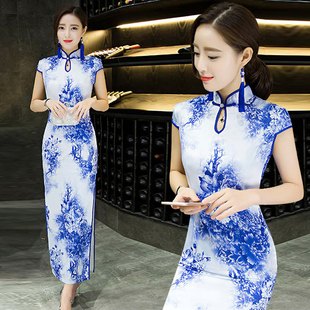 青花瓷旗袍加长款年轻洋气连衣裙显瘦礼仪迎宾走秀礼服复古中国风