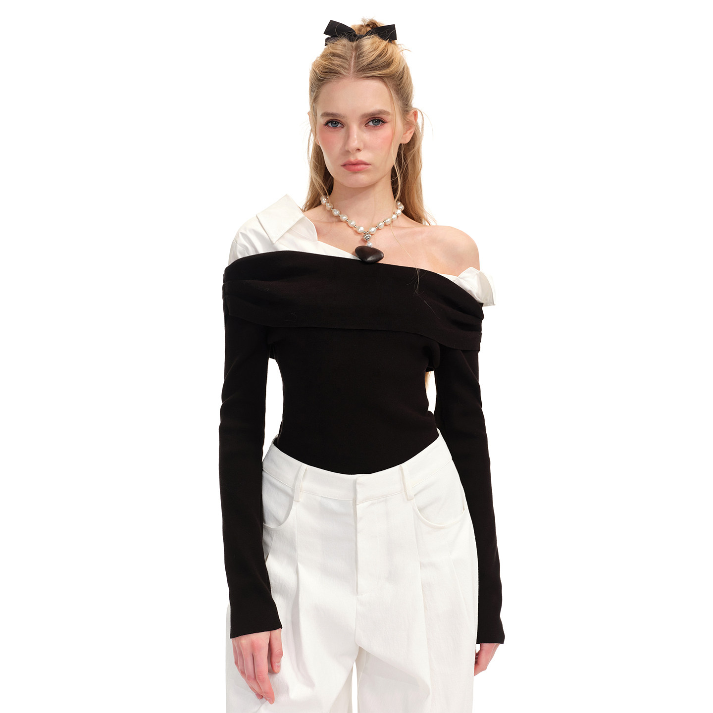 商场同款糖力 拼色斜肩假两件上衣 2026春新款修身设计感针织衫女