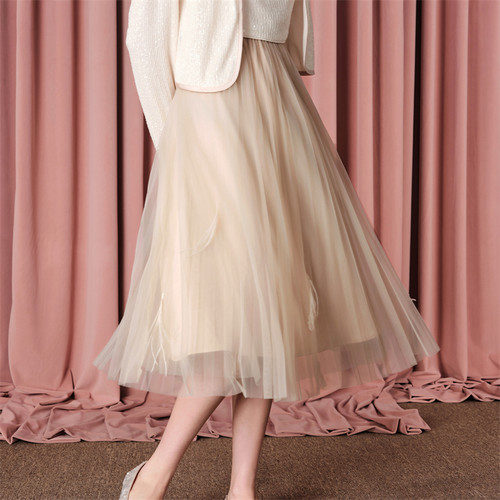 糖力中长款仙气羽毛网纱半身裙女