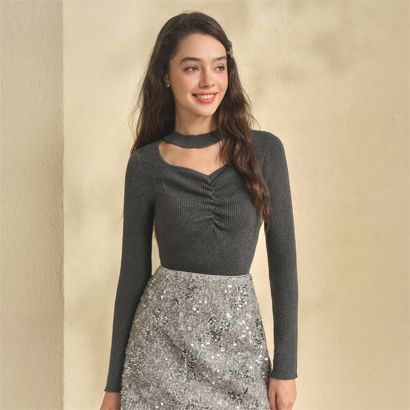 镂空抽褶针织衫修身打底衫上衣