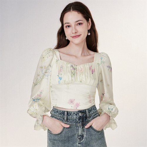 温柔风长袖打揽显瘦短款印花上衣
