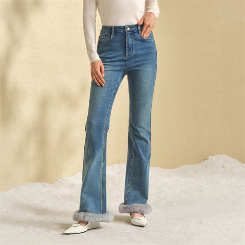 高腰可拆兔毛抓绒微喇牛仔裤