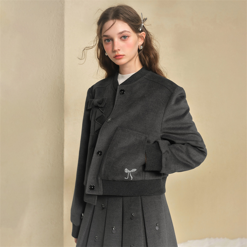 商场同款糖力 运动少女棒球服夹克 灰色宽松毛呢短外套女秋冬季