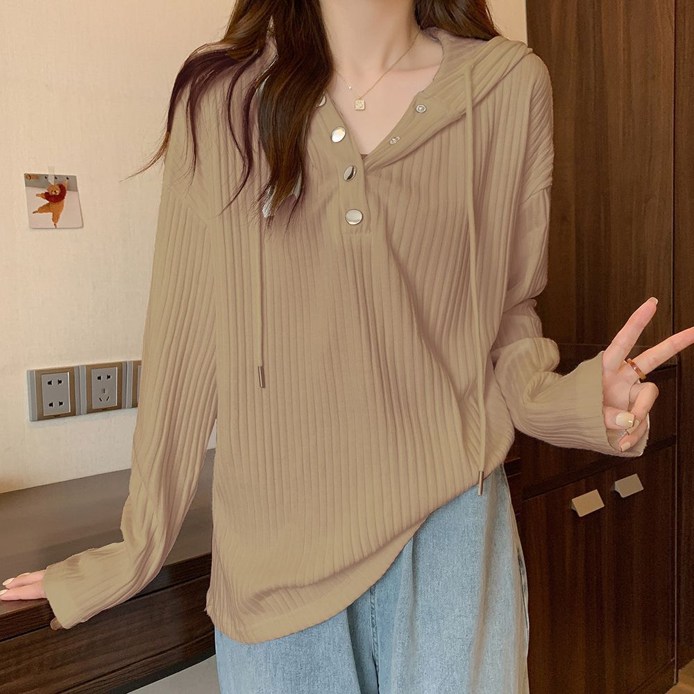 가을 대형 디자인 지방 MM 핏 스트립 후드 티셔츠 느슨한 긴팔 슬리밍 솔리드 컬러 긴팔 탑 여성용