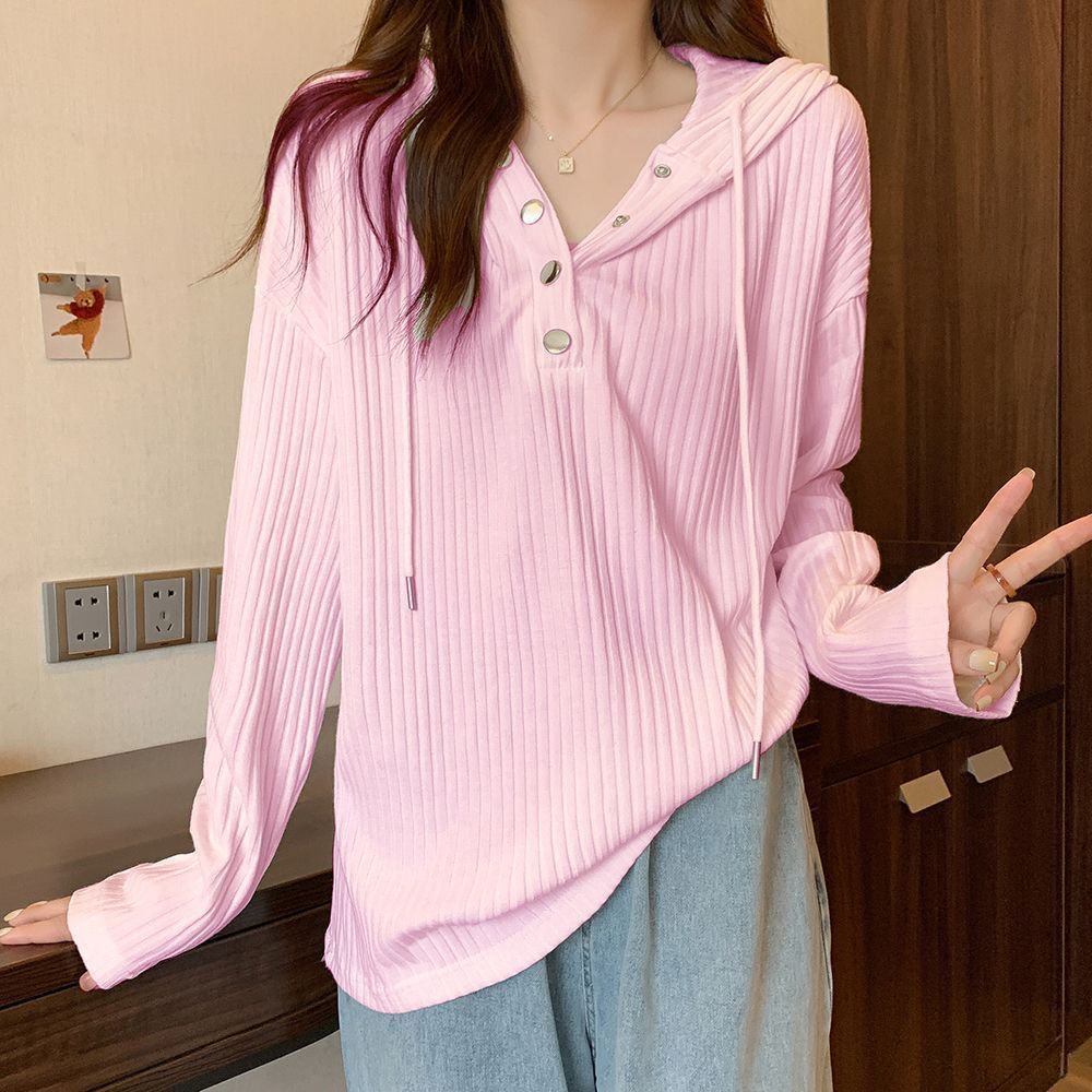 가을 대형 디자인 지방 MM 핏 스트립 후드 티셔츠 느슨한 긴팔 슬리밍 솔리드 컬러 긴팔 탑 여성용