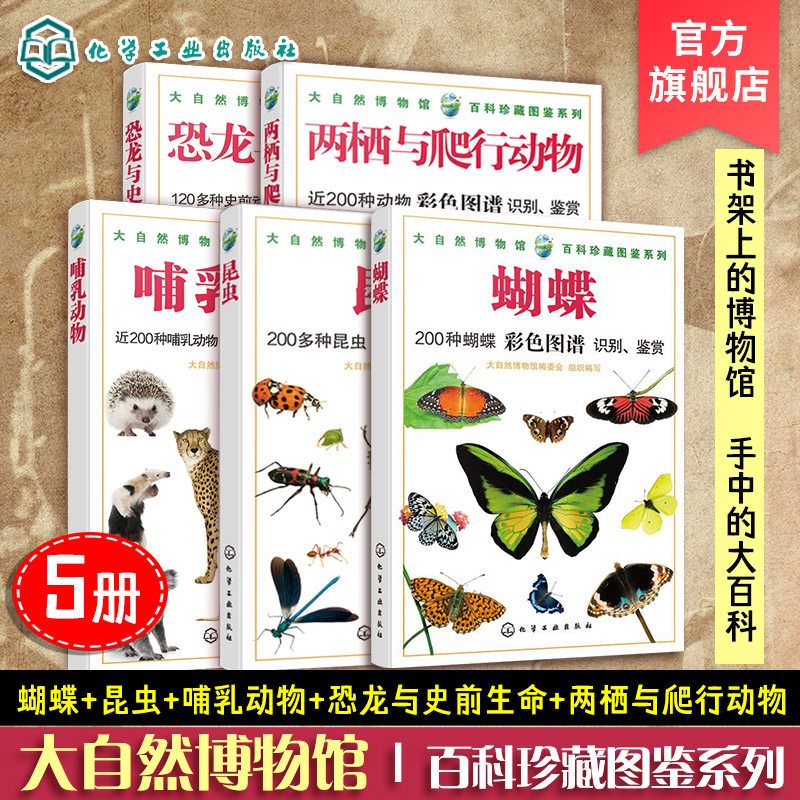 5册 大自然博物馆百科珍藏图鉴系列 蝴蝶昆虫哺乳动物 两栖与爬行动物 恐龙与史前生命 生活环境青少年中小学生动植物科普百科全书