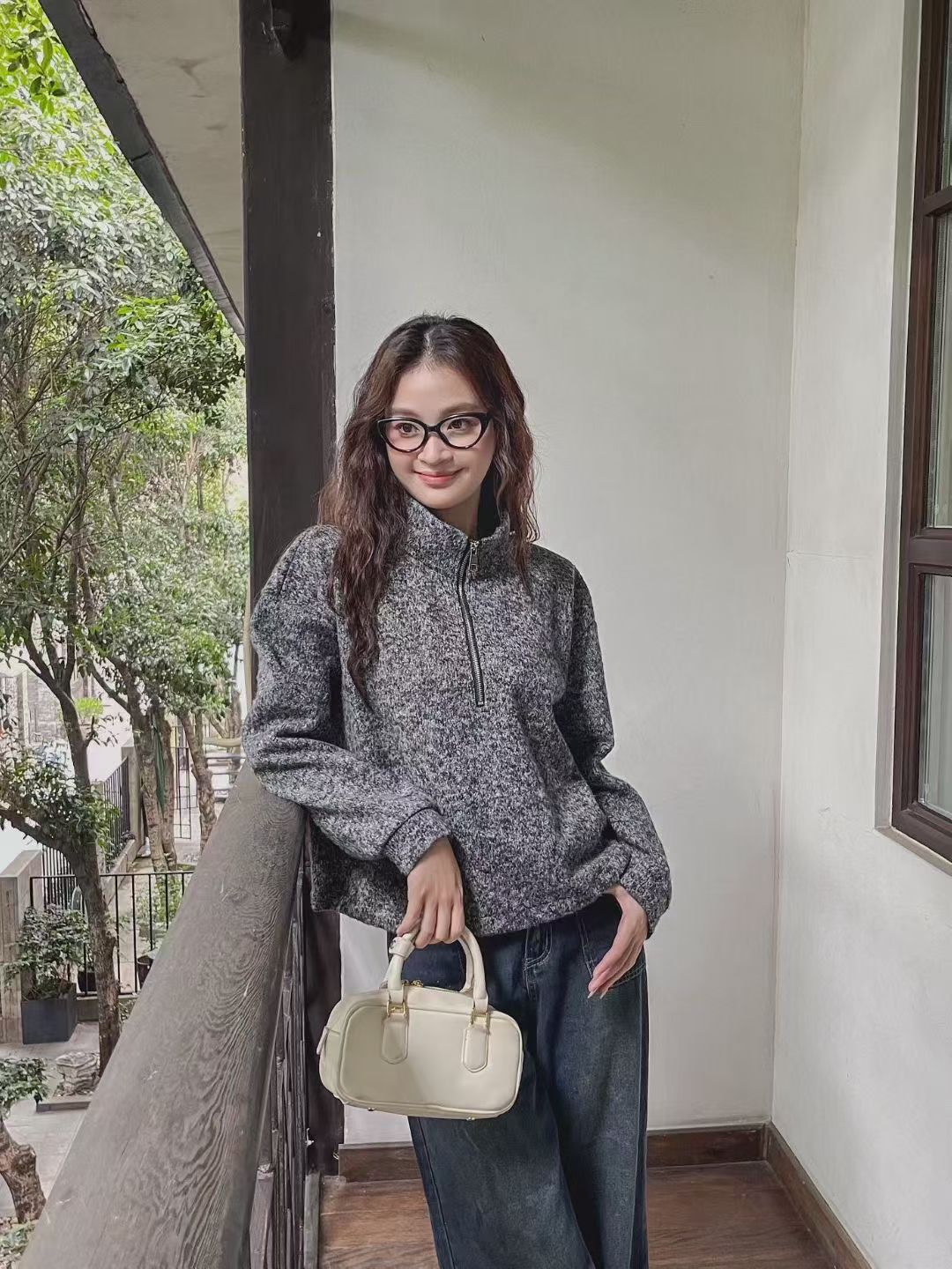 BELLA灰色加绒加厚立领套头半拉链卫衣外套女秋冬宽松慵懒风上衣