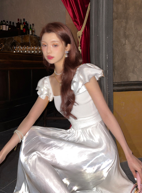 LIN【不要上架 没货！】法式白色流光连衣裙夏季新款高腰裙子女