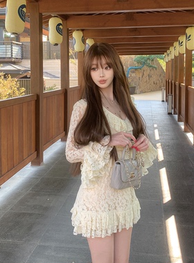 LIN BOUTIQUE  仙女宫廷感重工刺绣花瓣波浪边提花蕾丝连衣裙女