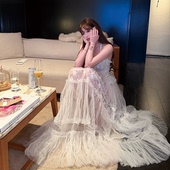 LIN 挂脖纱裙连衣裙印花仙女裙 BOUTIQUE 水光纱蕾丝提花拼接长款