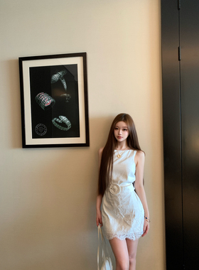 LIN BOUTIQUE 无袖白色蕾丝连衣裙女夏收腰显瘦设计感a字裙小白裙
