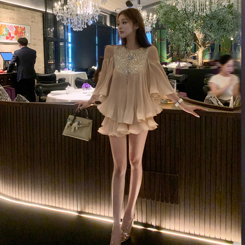 星辰之夜法式压褶拼接上衣半裙