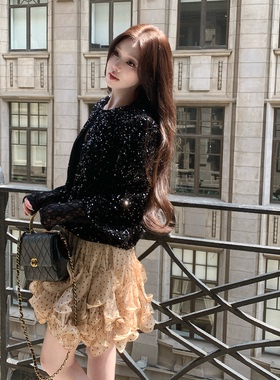 张林超LIN BOUTIQUE 幻彩美人鱼亮片上衣+波点半裙两件套套装新款