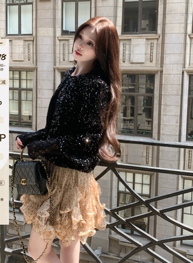 张林超LIN BOUTIQUE 幻彩美人鱼亮片上衣外套+波点半裙两件套短裙