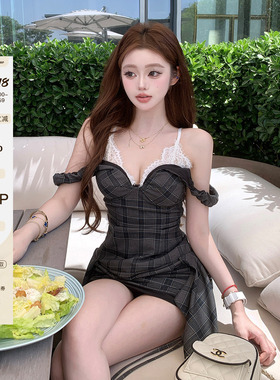 张林超LIN BOUTIQUE 格格屋抽绳睫毛蕾丝假两件吊带抹胸连衣裙女