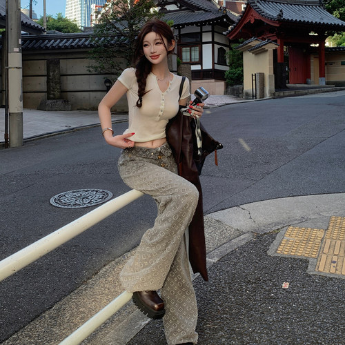 LINBOUTIQUE提花阔腿牛仔裤