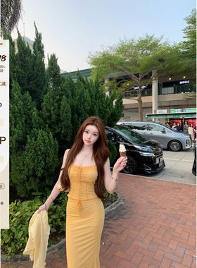 LIN BOUTIQUE 夏季细节弹力吊带上衣显瘦包臀半裙开衫套装三件套