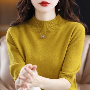 宽松半高领针织羊绒衫女短袖纯色通勤内搭毛衣套头打底纯羊毛短袖