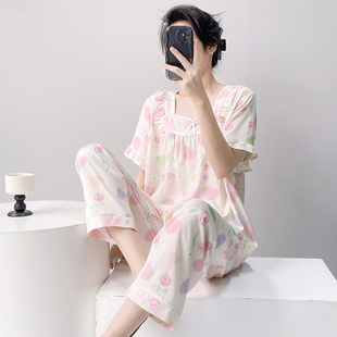 棉绸睡衣少女风夏季薄款卡通人造棉短袖长裤两件套装春秋季家居服