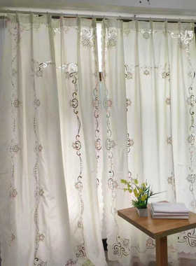 外贸绣花窗帘镂空刺绣工艺窗帘满工镂空刺绣奶黄色客厅阳台半遮光