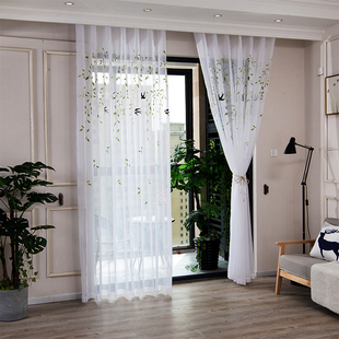 外贸纱帘纱帘刺绣绣花飞燕柳枝雪纱半透遮阳滤光客厅飘窗阳台挂钩