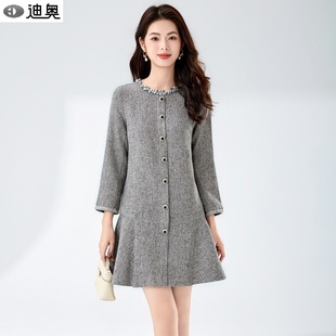 休闲显瘦小香风连衣裙 重工银色钉珠亮片中长款 迪奥25春秋新款 时尚