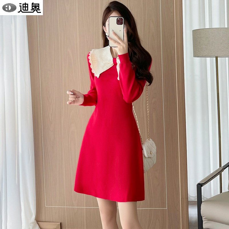 迪奥红色连衣裙女2026新款本命年新年战袍针织裙子气质减龄毛衣裙