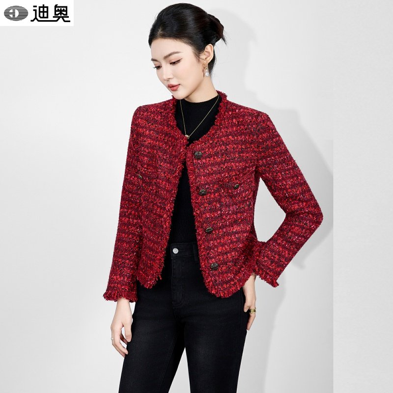 迪奥25秋冬羊毛粗花呢小香风短外套女复古红轻奢氛围感气质厚外套,女装/女士精品,短外套,淘宝优惠券,粉丝福利购,淘宝优惠卷