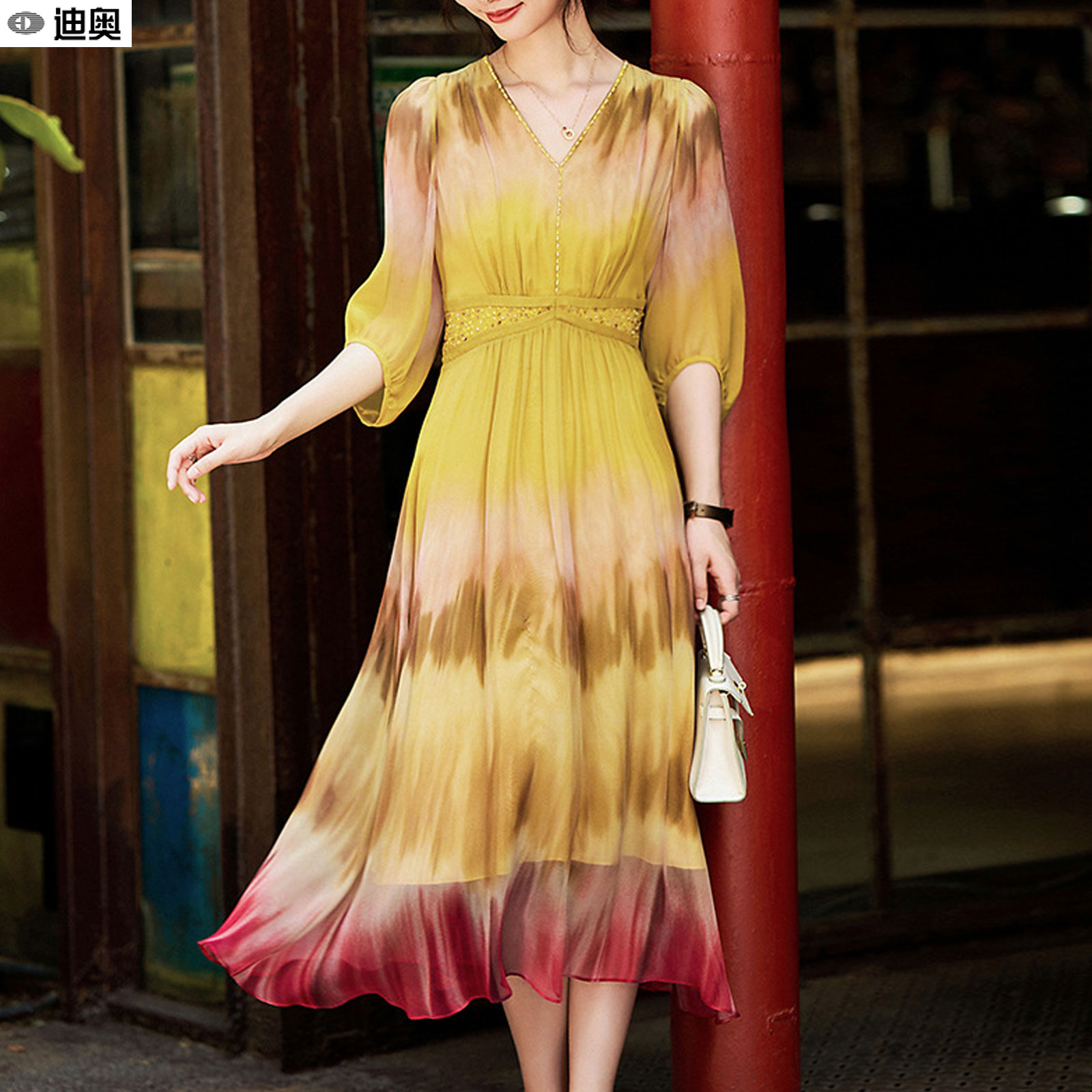 迪奥真丝连衣裙气质度假风裙子夏