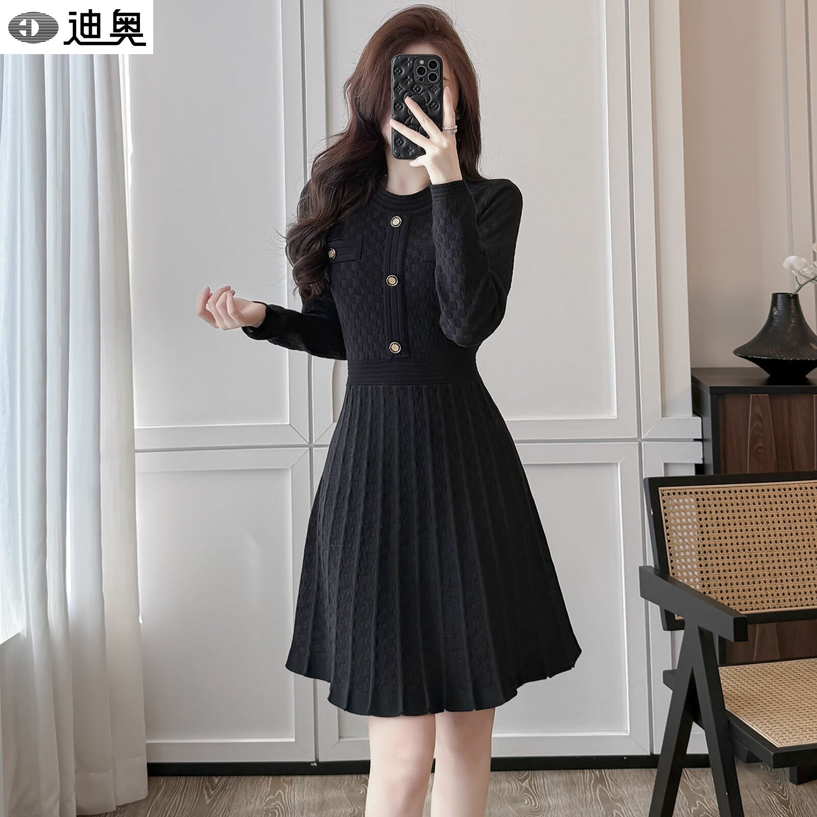 迪奥小香风针织连衣裙女2026秋冬新款气质赫本风小黑裙显瘦毛衣裙