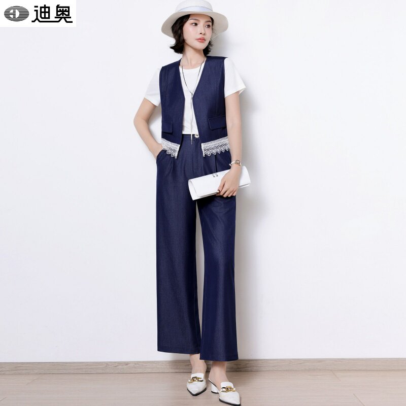 迪奥慵懒松弛感套装女夏2026新款气质马甲+T恤+显瘦阔腿裤三件套