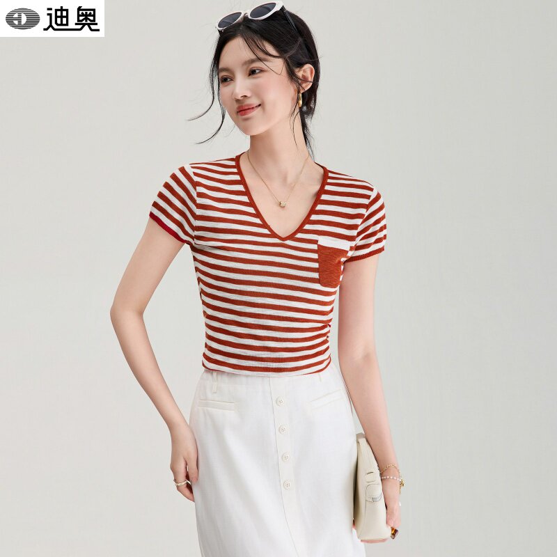 迪奥气质V领条纹短袖针织衫女夏2026新款复古减龄修身显瘦T恤上衣