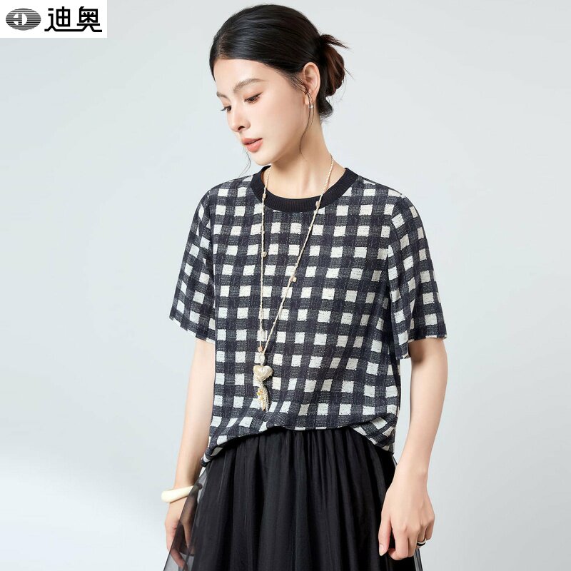 迪奥夏季桑蚕丝短袖女2026新款高级感黑白格气质百搭真丝T恤小衫