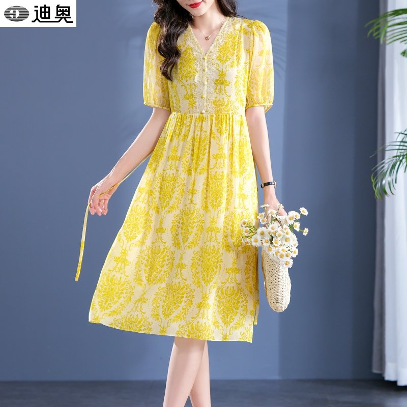 迪奥短袖连衣裙女真丝印花连衣裙