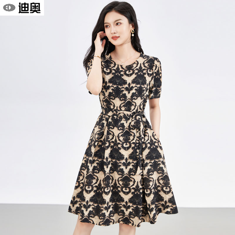 高级设计感名媛短袖A字裙印花