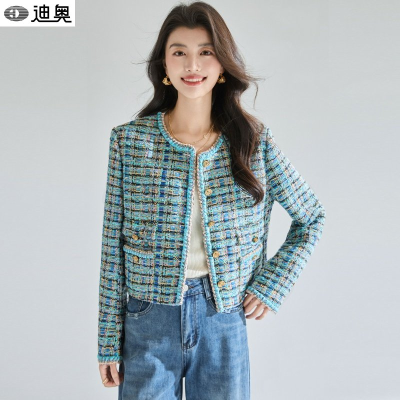 迪奥高定小香风外套女2026早春新款法式气质孔雀蓝珠片粗花呢外套