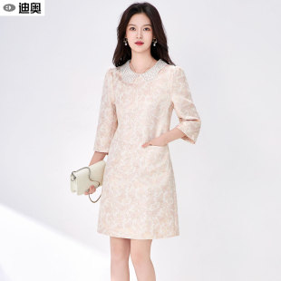 迪奥巨好看的早秋连衣裙女2026新款高奢钉珠提花新中式长袖中长裙
