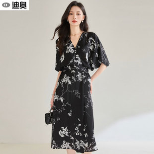 迪奥高级感印花连衣裙女夏26新款 气质优雅碎花雪纺裙收腰显瘦裙子