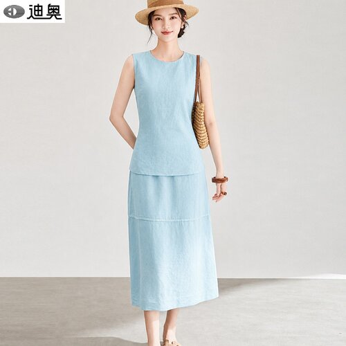 迪奥法式天丝亚麻两件套装裙女夏