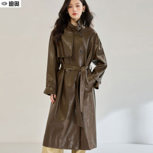 迪奥25秋冬新款女士皮衣外套美式复古翻立领长款水洗油蜡皮风衣女