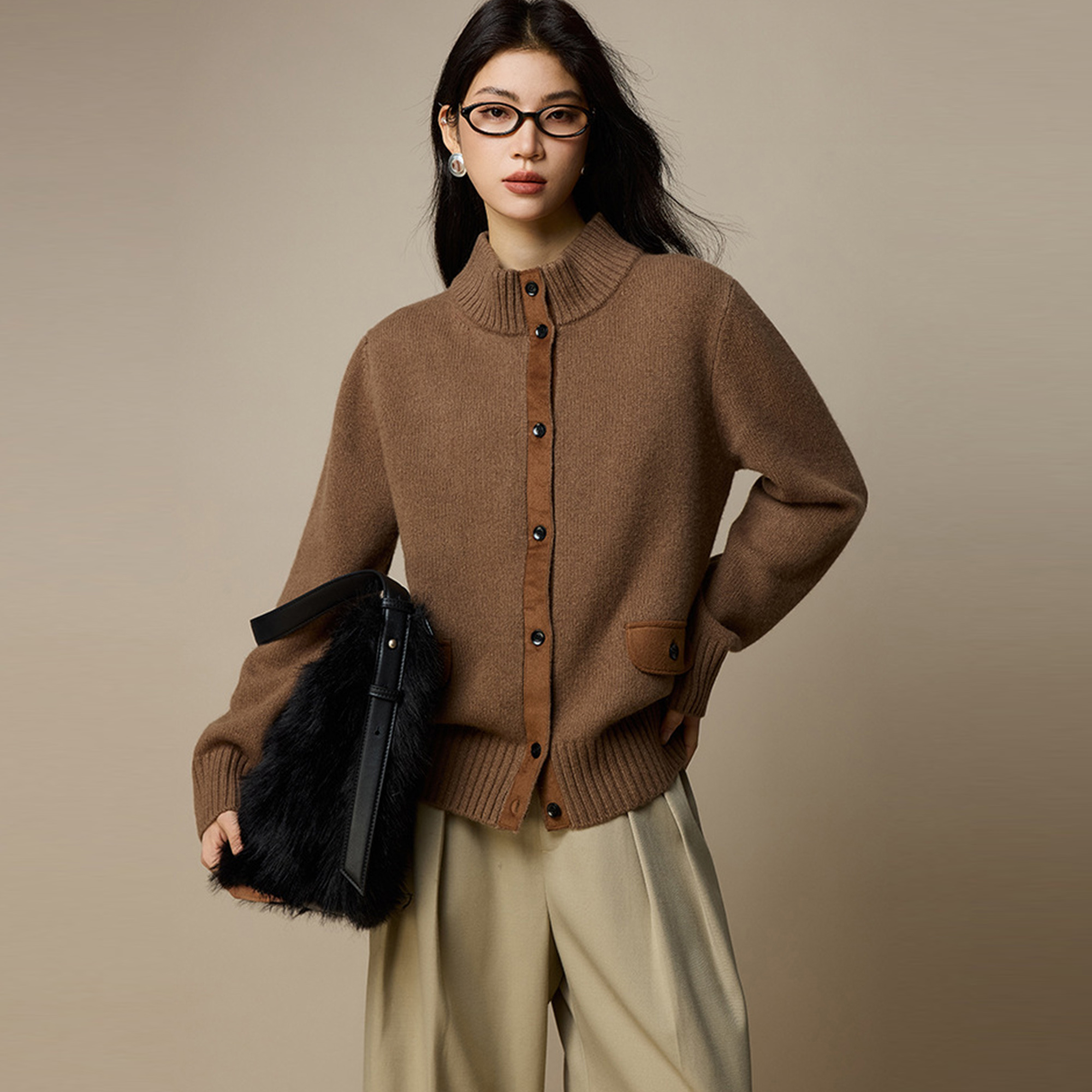 100羊毛针织开衫贵气老钱风毛衣