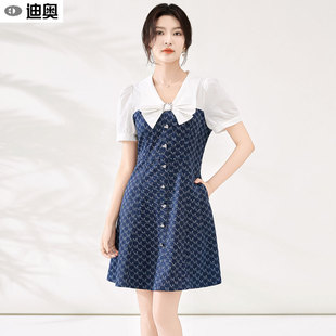 迪奥连衣裙女2026夏季 中长裙 高级感千金风名媛气质拼接印花裙时尚